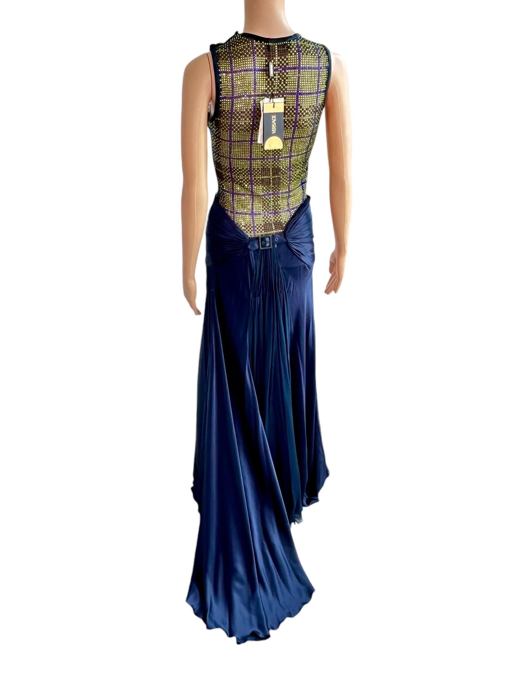 Purple Versace Unworn F/W 2004 Runway Crystal Sheer Bodysuit Top and Skirt 2 Piece Set For Sale