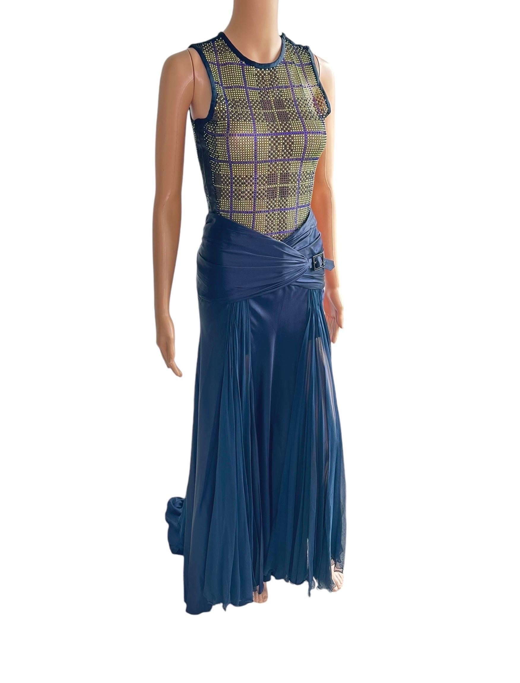 Versace Unworn F/W 2004 Runway Crystal Sheer Bodysuit Top and Skirt 2 Piece Set For Sale 2