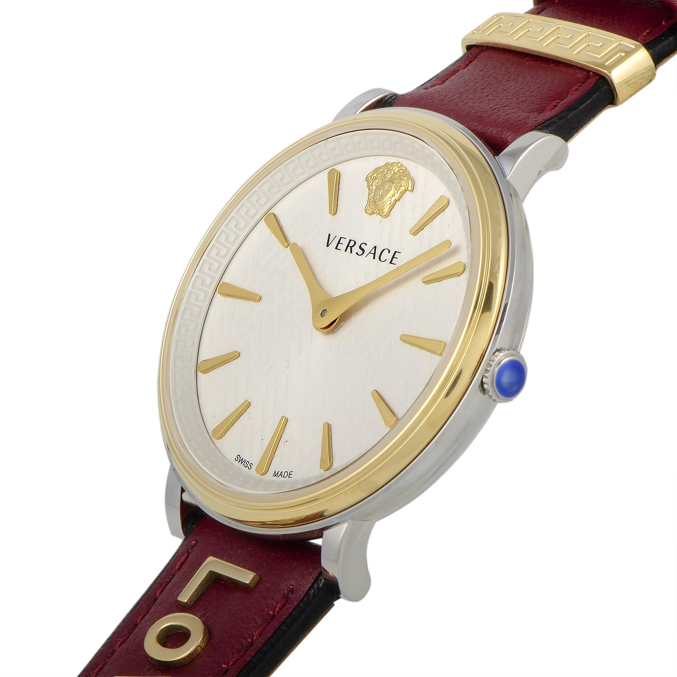 The Versace V-Circle watch, reference number VBP020017, comes with a 38 mm stainless steel case that offers water resistance of 50 meters. The case is presented on a burgundy leather strap fitted with a tang buckle. The watch is powered by a quartz