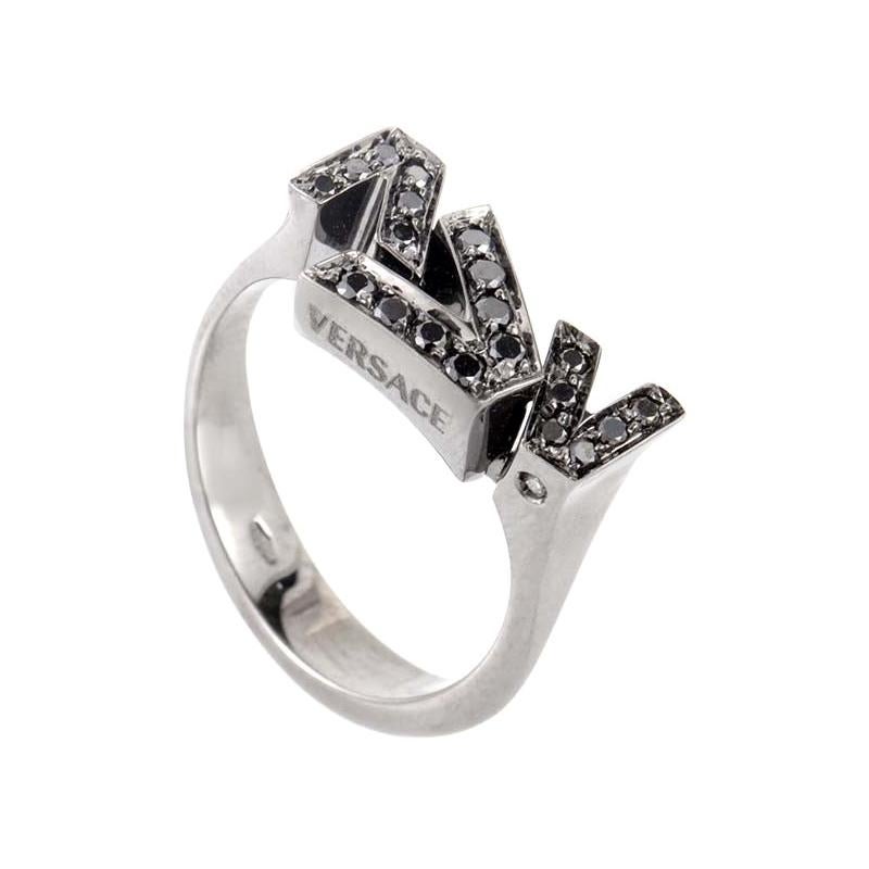 Versace V-Divine 18 Karat White Gold Black Diamond Band Ring