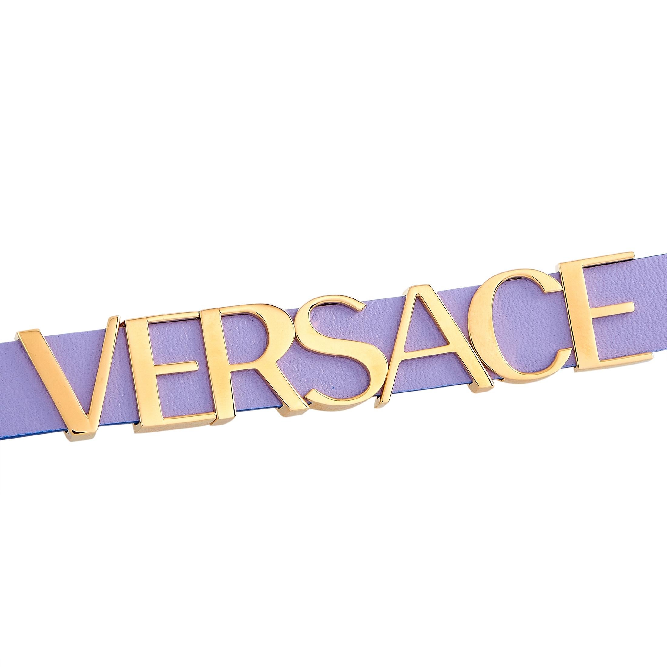 The Versace V-Flare watch, reference number VEBN00318, comes with a 28 mm stainless steel case that offers water resistance of 30 meters. The case is presented on a lilac leather strap fitted with a tang buckle. The watch is powered by a quartz