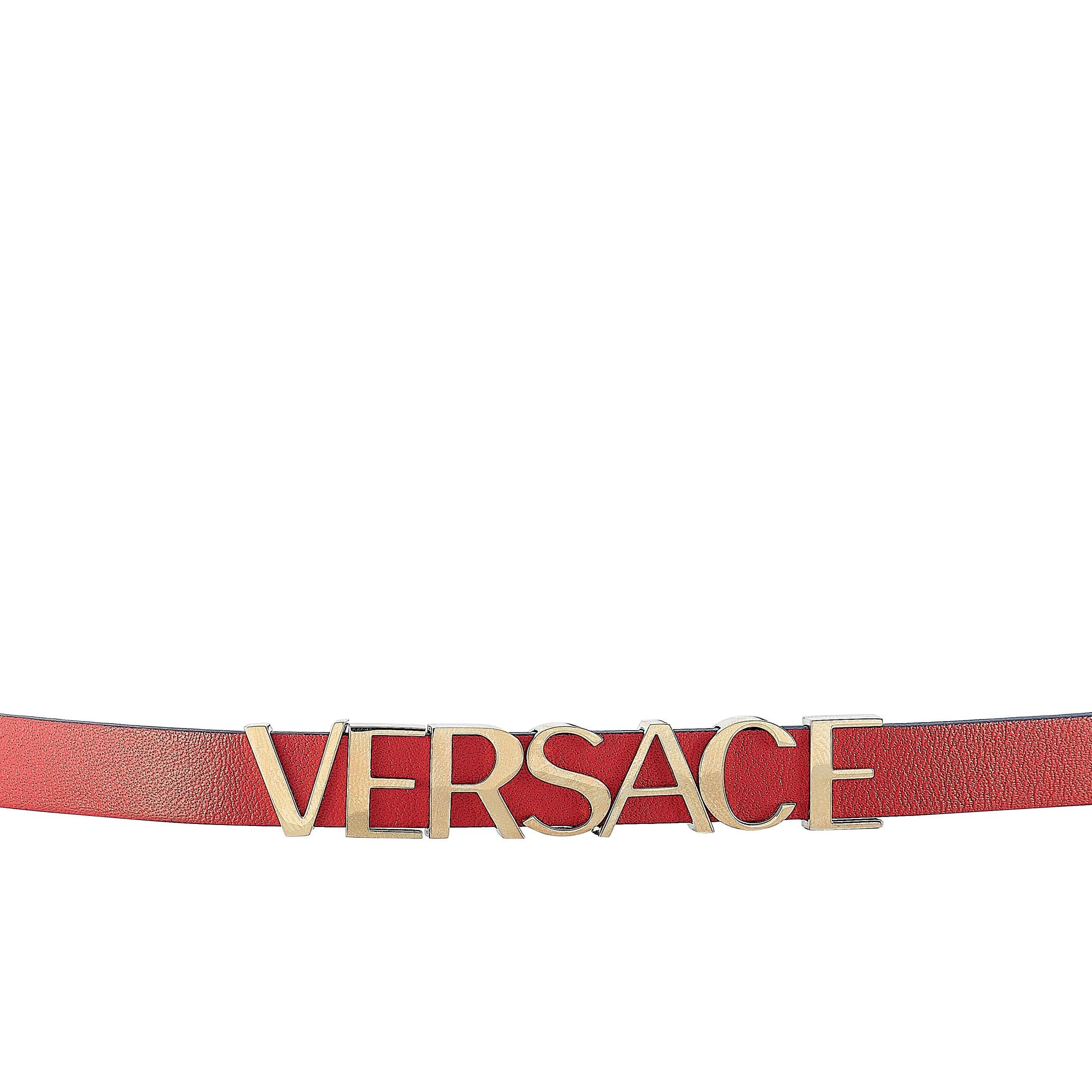 The Versace V-Flare watch, reference number VEBN00418, comes with a 28 mm gold-tone stainless steel case that offers water resistance of 30 meters. The case is presented on a red leather strap fitted with a tang buckle. The watch is powered by a