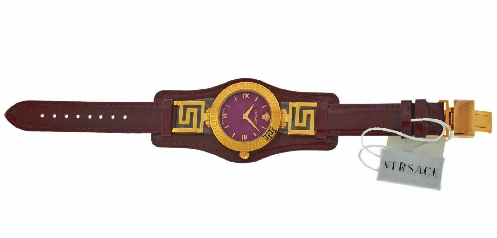 Women's or Men's Versace V-Signature VLA03 0014 Gold Plated Burgundy Watch