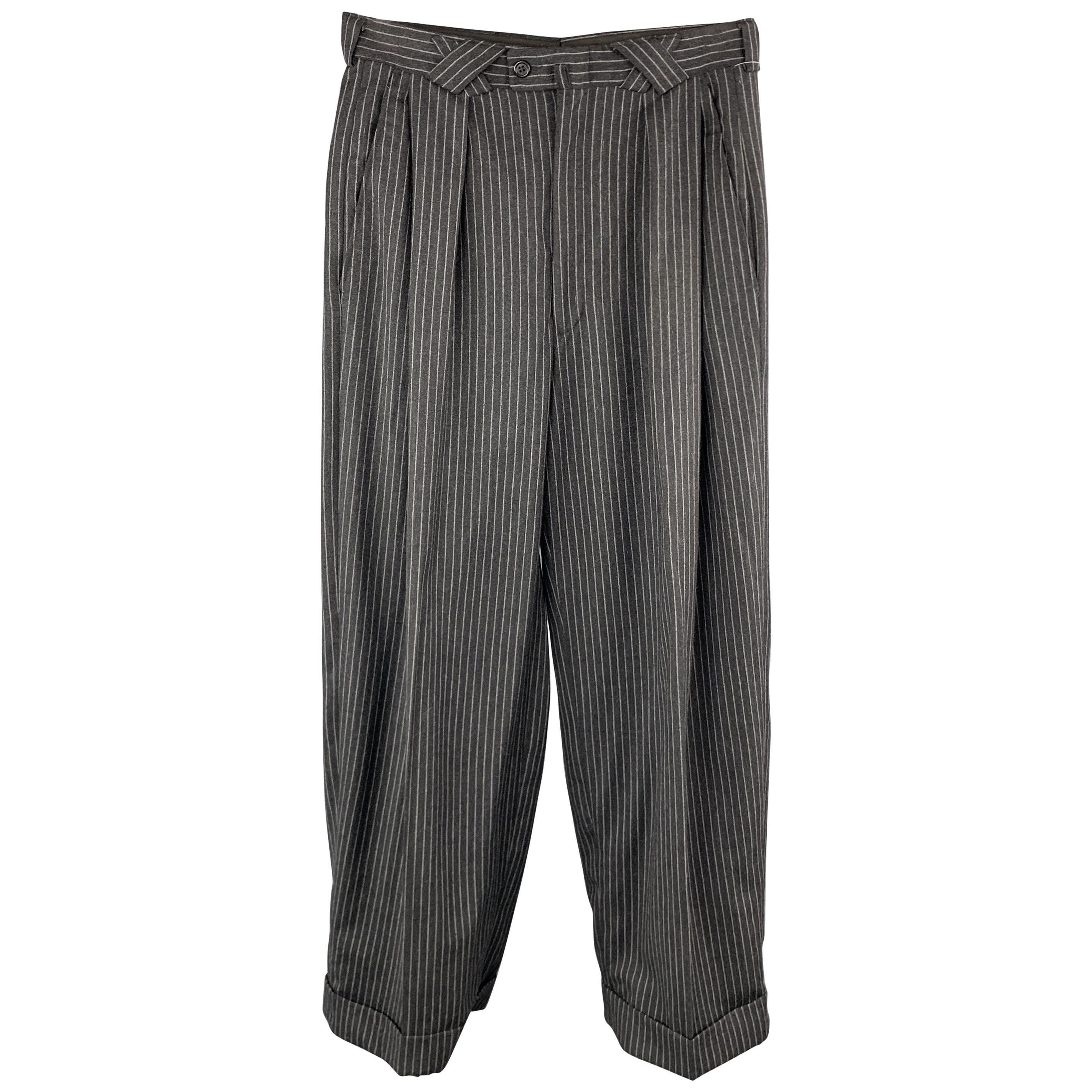 VERSACE V2 Size 32 Gray Striped Wool Pleated Wide Leg Dress Pants