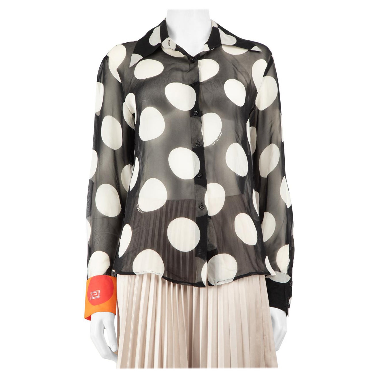 Versace V2 Versace Classic Polka Dot Contrast Cuff Sheer Blouse Size XL