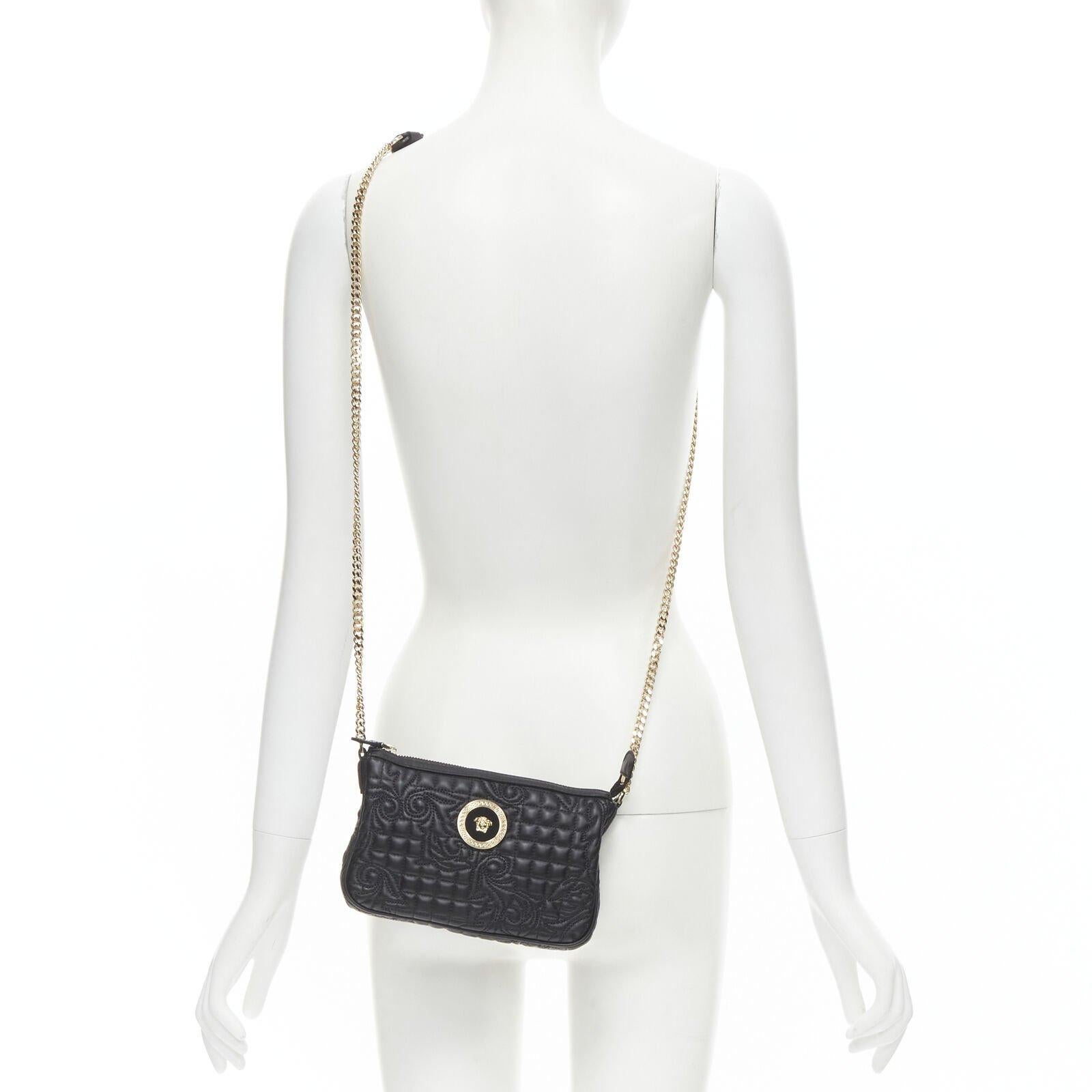 VERSACE Vanitas quilted black baroque gold Medusa metal chain crossbody bag
Reference: TGAS/B02107
Brand: Versace
Designer: Donatella Versace
Model: Vanitas
Material: Leather, Metal
Color: Black, Gold
Pattern: Solid
Closure: Zip
Lining: 