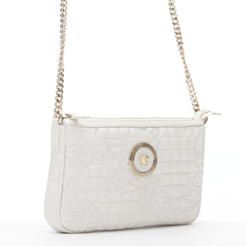 Gray VERSACE Vanitas white baroque quilted gold Medusa metal chain crossbody bag For Sale