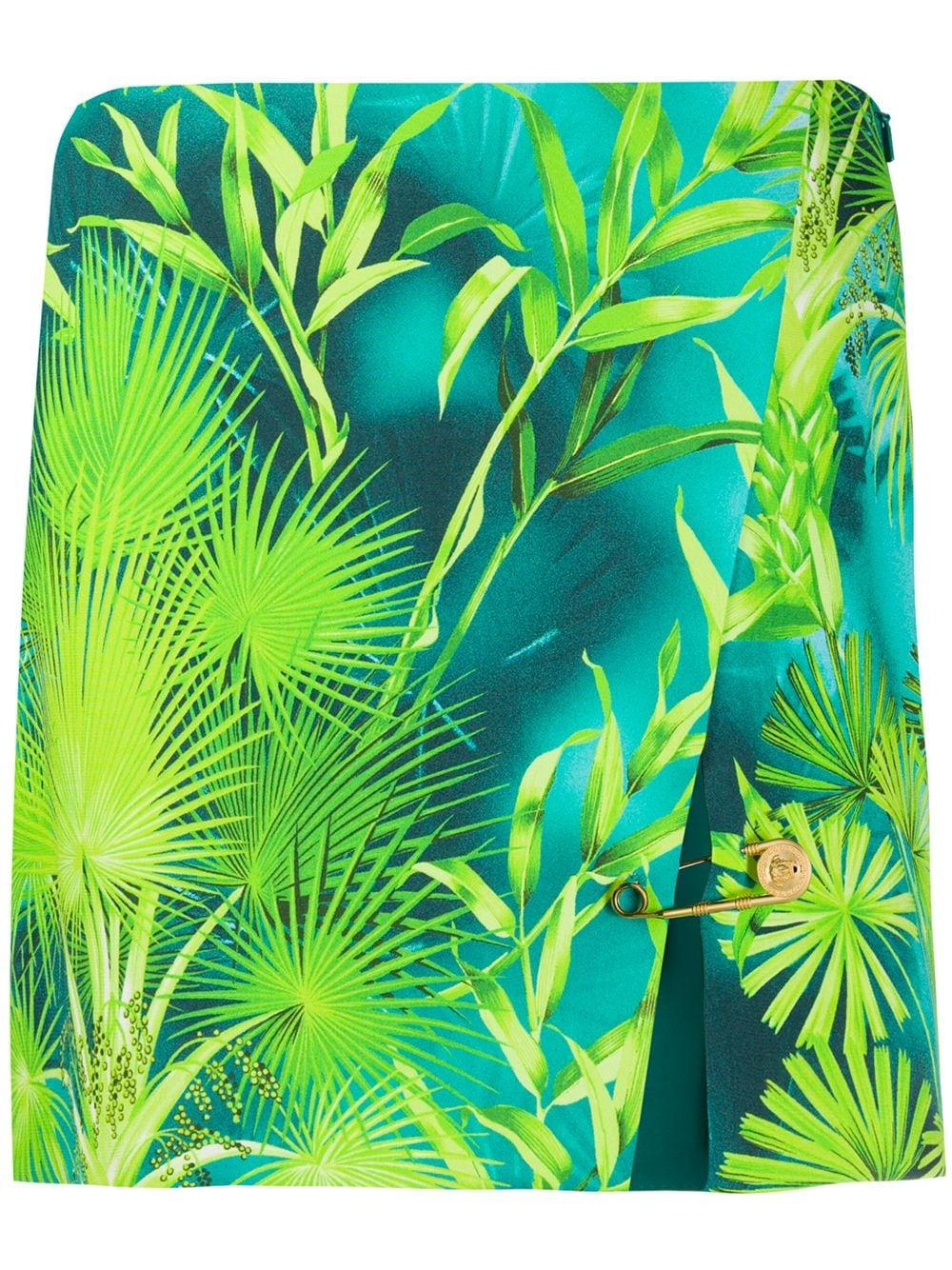 Women's Versace Verde Jungle Print High Waisted Side Slit Safety Pin Mini Skirt Size 38