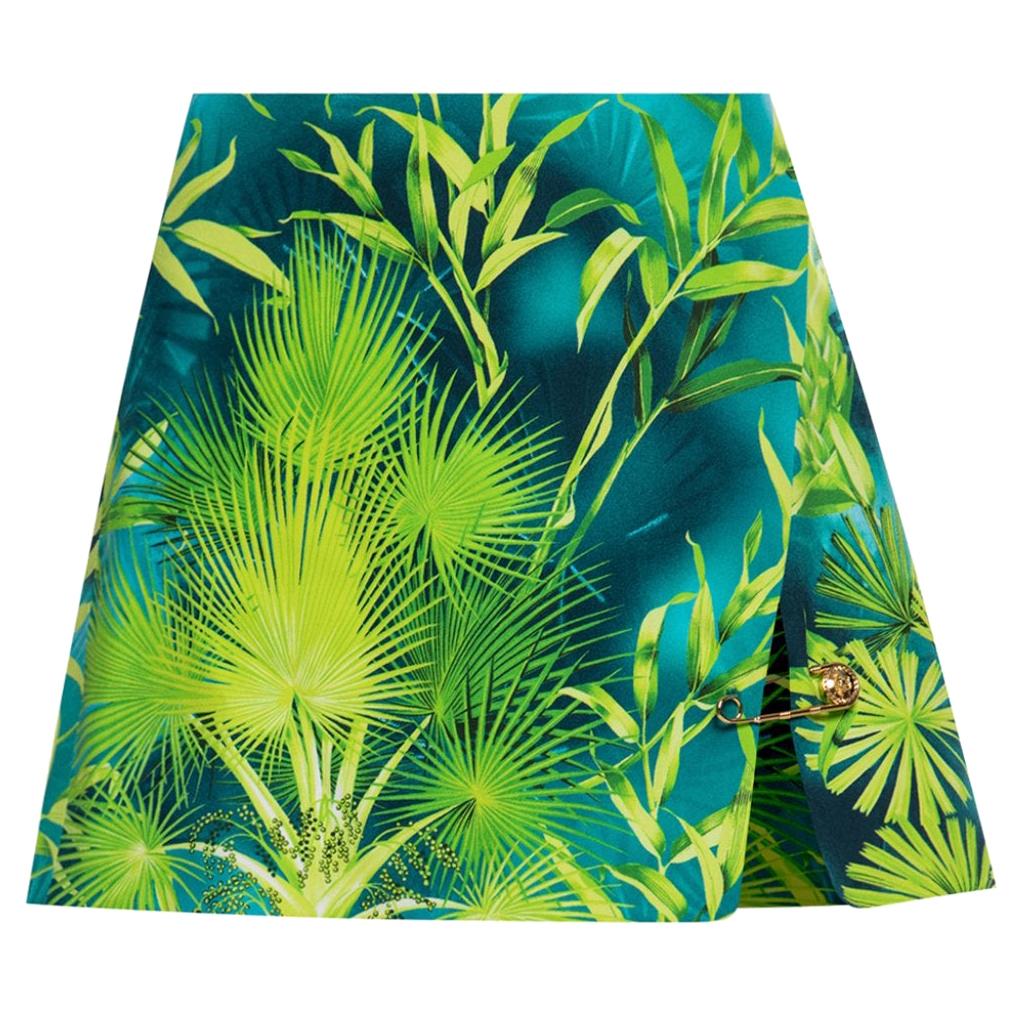 Versace Verde Jungle Print High Waisted Side Slit Safety Pin Mini Skirt Size 38