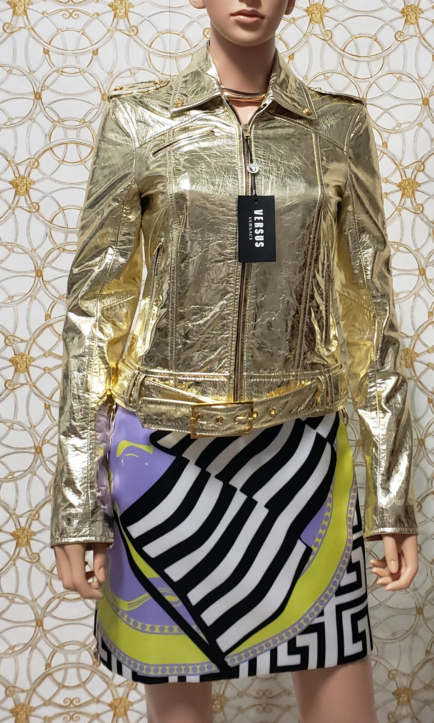 VERSACE VERSUS GOLD METALLIC LEATHER BIKER JACKET with EMBROIDERY In Excellent Condition In Montgomery, TX
