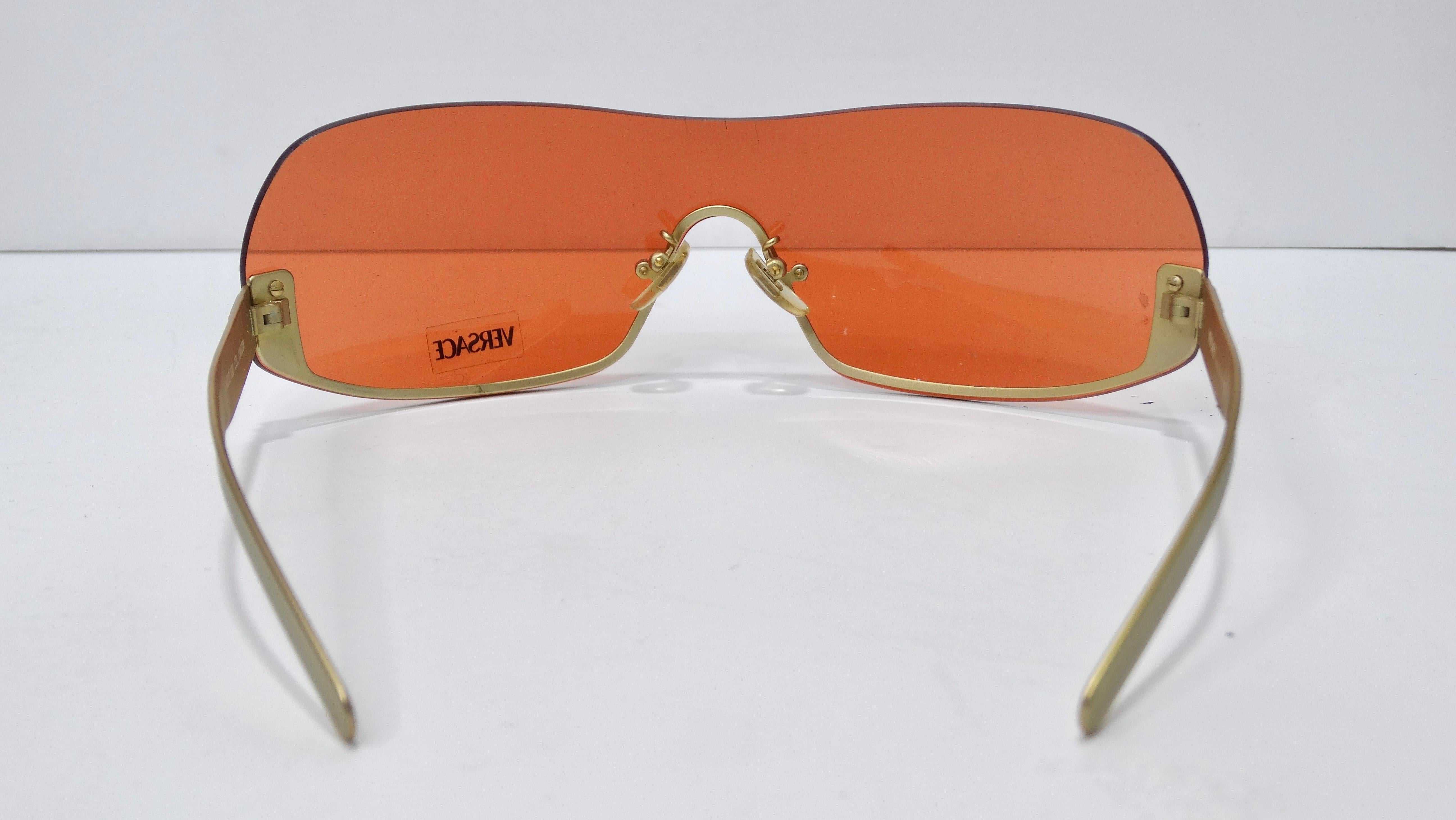 Women's or Men's Versace Vintage 1990's Orange/Gold Shield Sunglasses For Sale