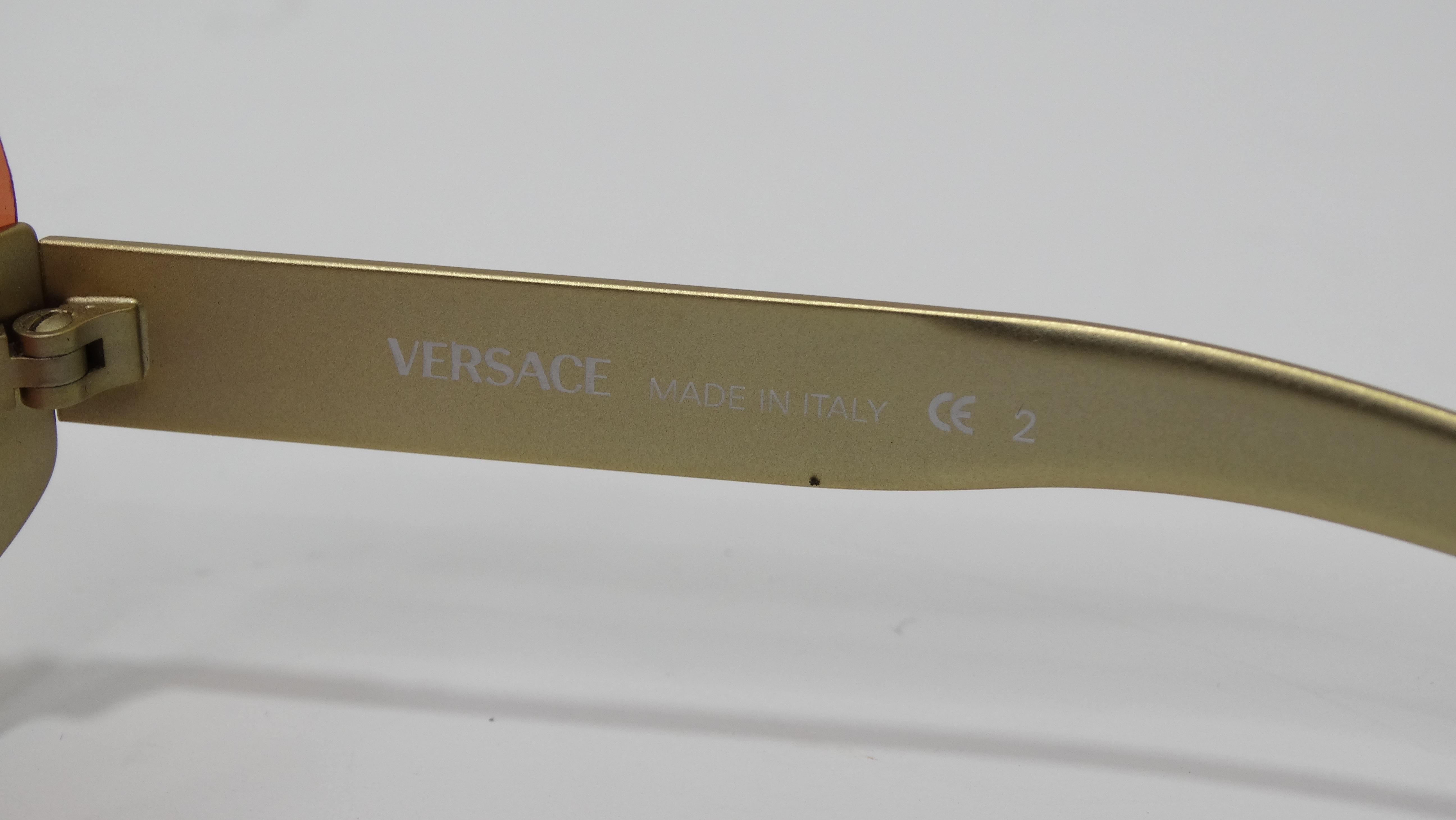 Versace Vintage 1990's Orange/Gold Shield Sunglasses For Sale 2