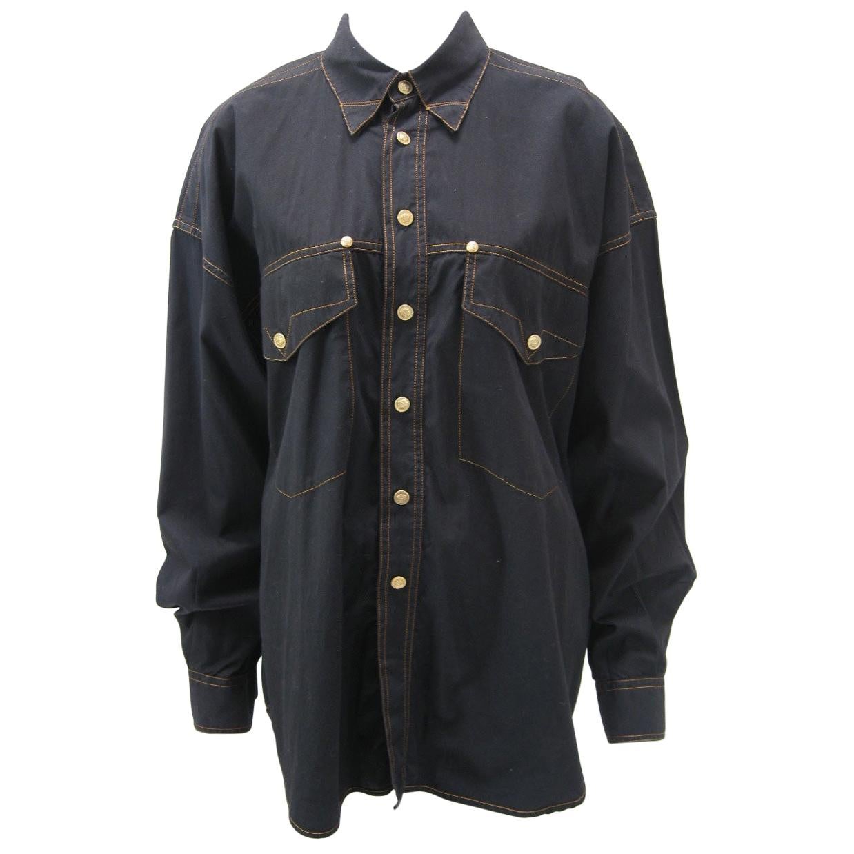 Versace Vintage 1990s Oversize Classic Black Western Button Down Shirt 