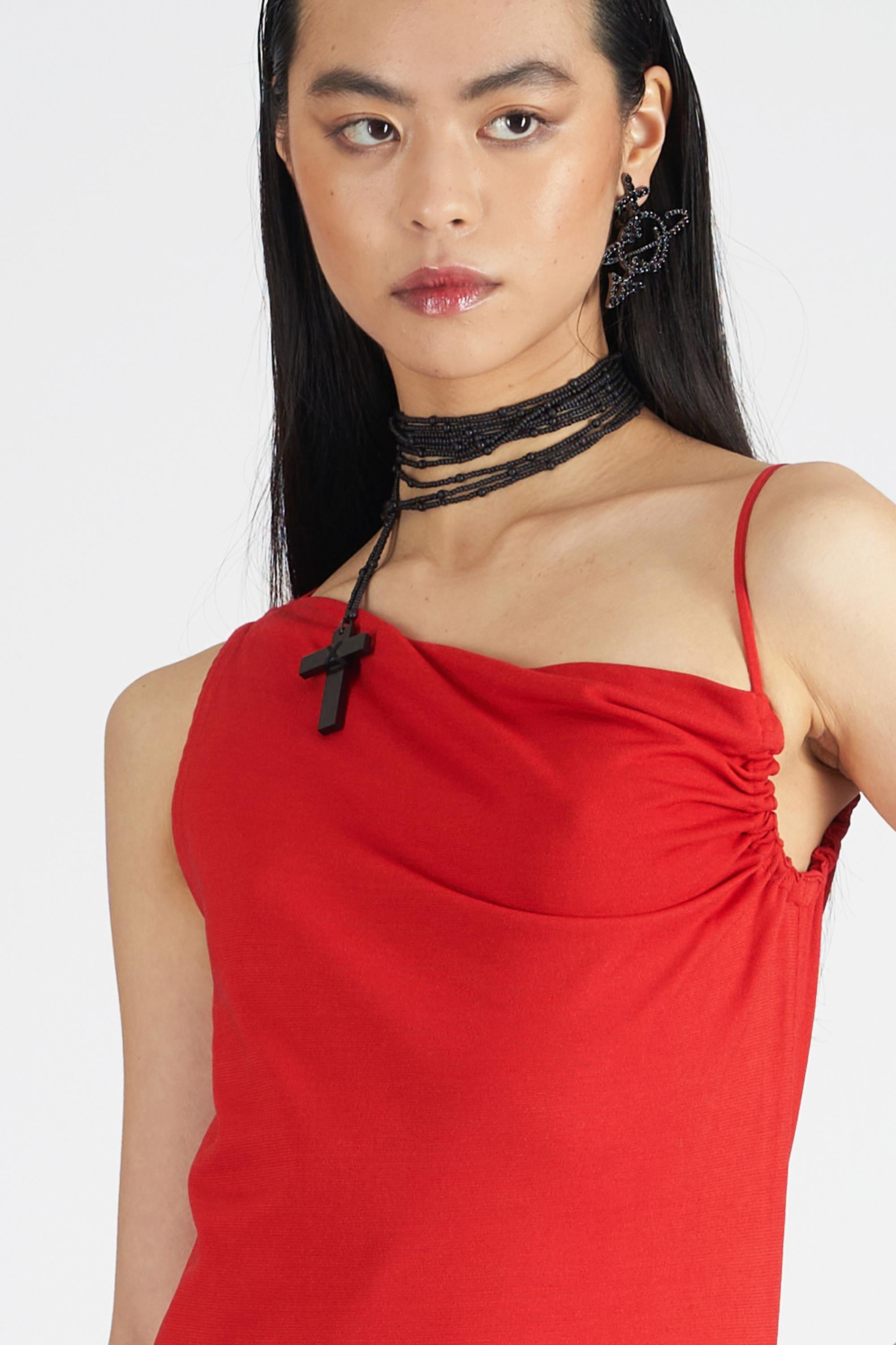 Red Versace Vintage 2000’s Asymmetrical Neckline Dress For Sale