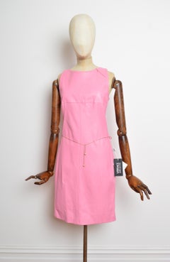 Versace Vintage 2000s Baby Pink Leather Shift Dress with Gold Medusa Charms