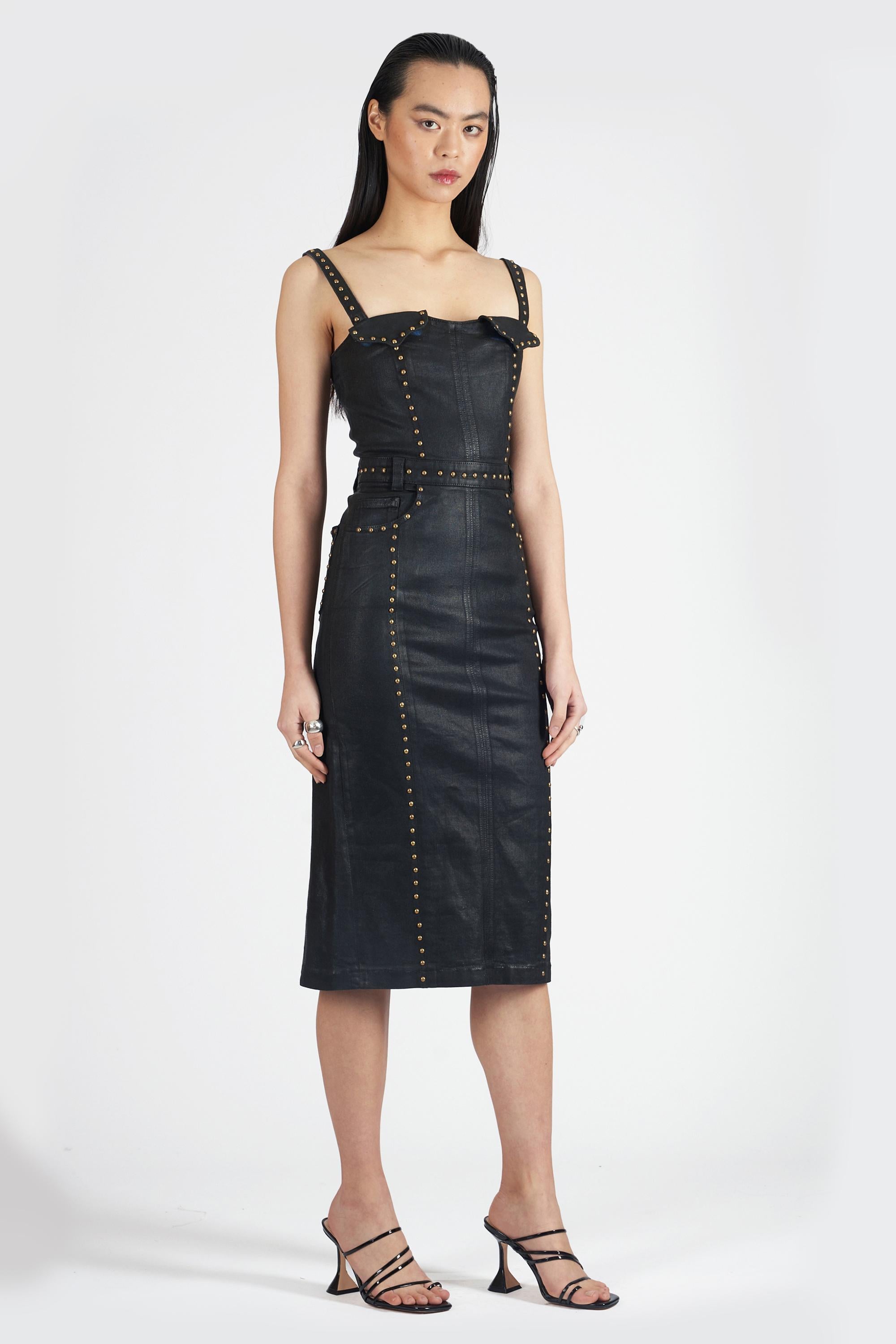 Versace Vintage 2000’s Denim Studded Midi Dress In Excellent Condition For Sale In London, GB