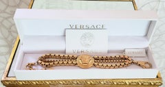 VERSACE VINTAGE 24K GOLD PLATED TRIPLE CHAIN GREEK KEY MEDUSA Bracelet