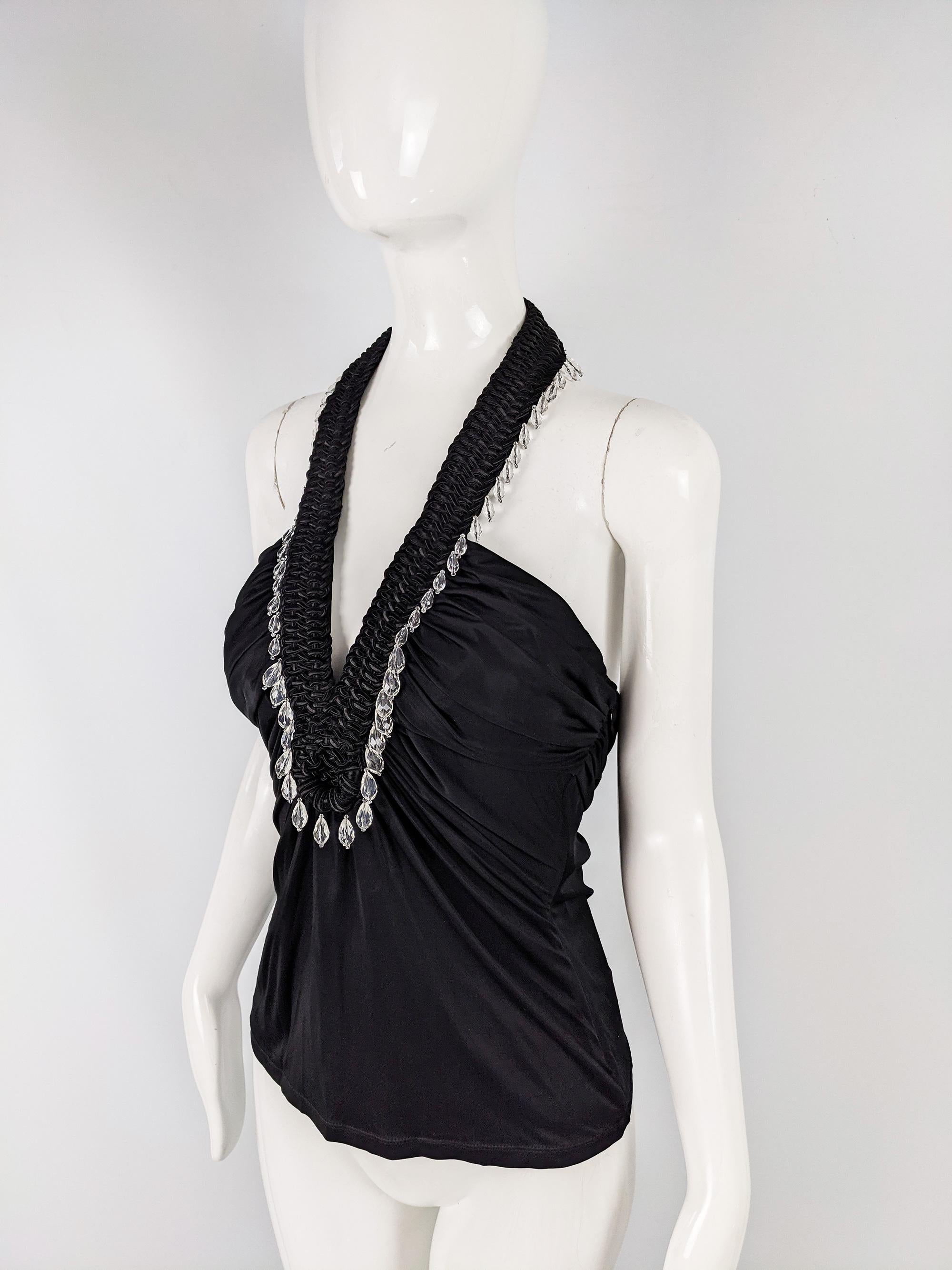 Women's Versace Vintage Black Jersey Braided Beaded Party Top, Spring 2006 For Sale