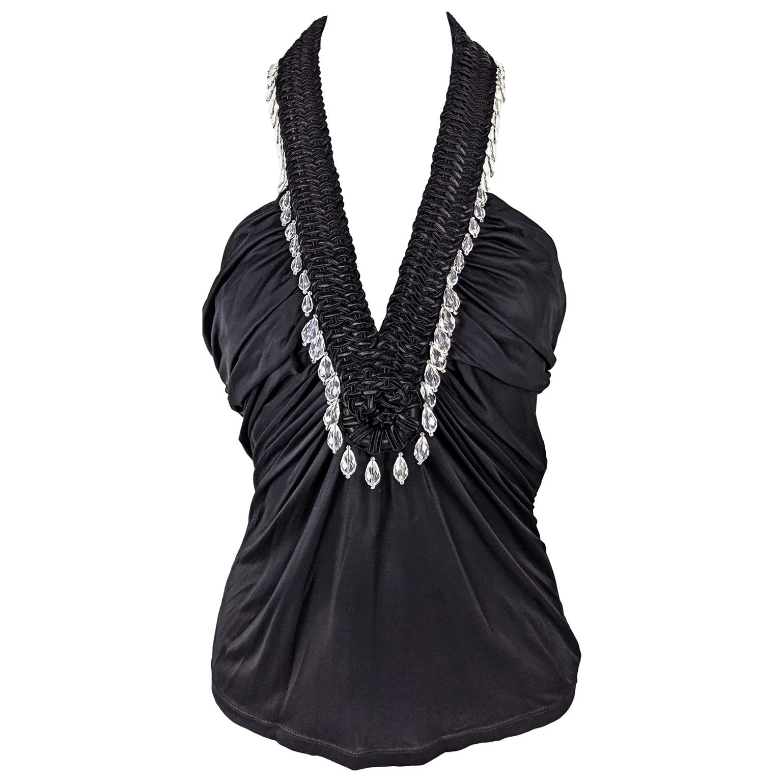 Versace Vintage Black Jersey Braided Beaded Party Top, Spring 2006