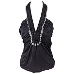 Versace Vintage Black Jersey Braided Beaded Party Top, Spring 2006
