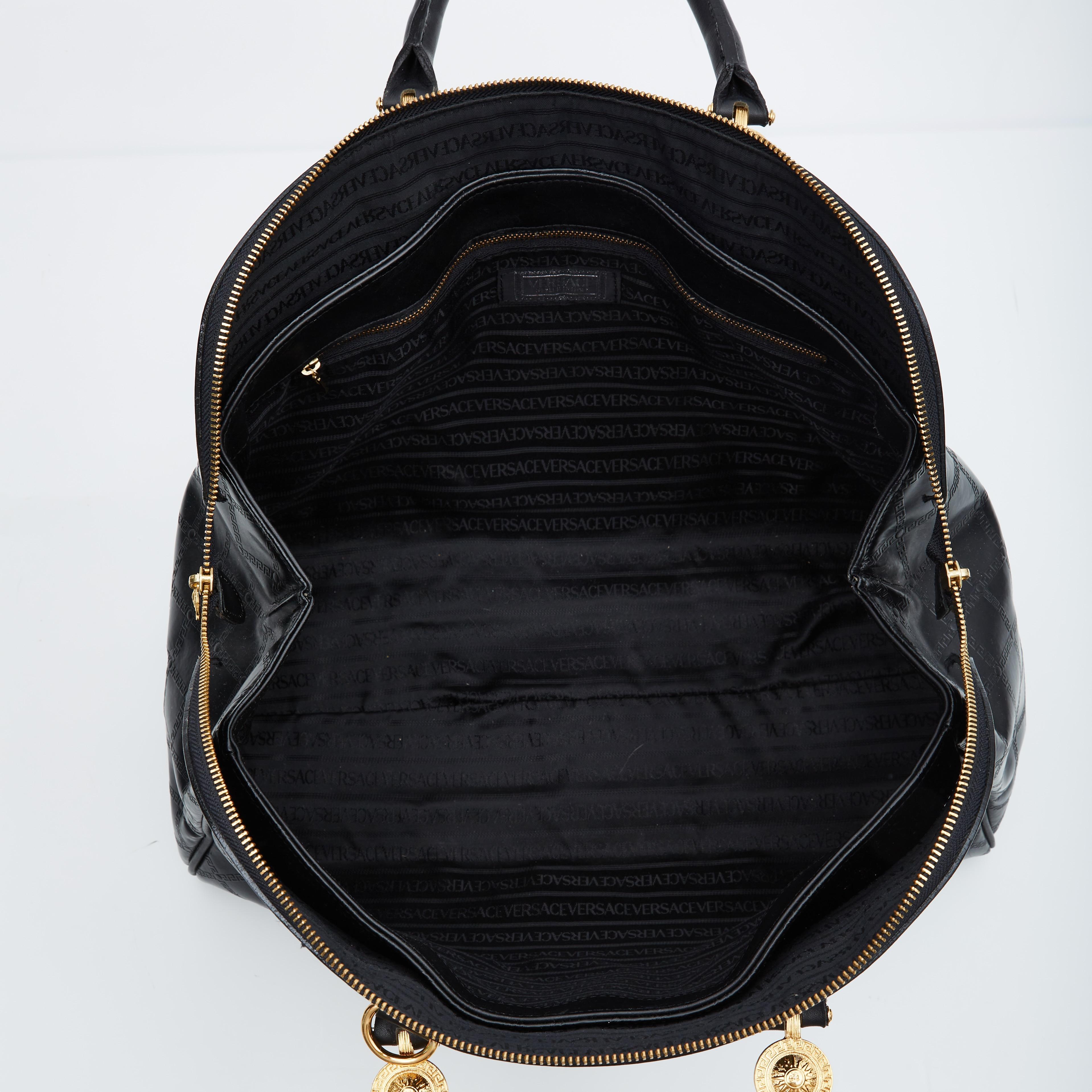 Versace Vintage Black Leather Motif Embossed Briefcase Weekend Bag In Good Condition For Sale In Montreal, Quebec