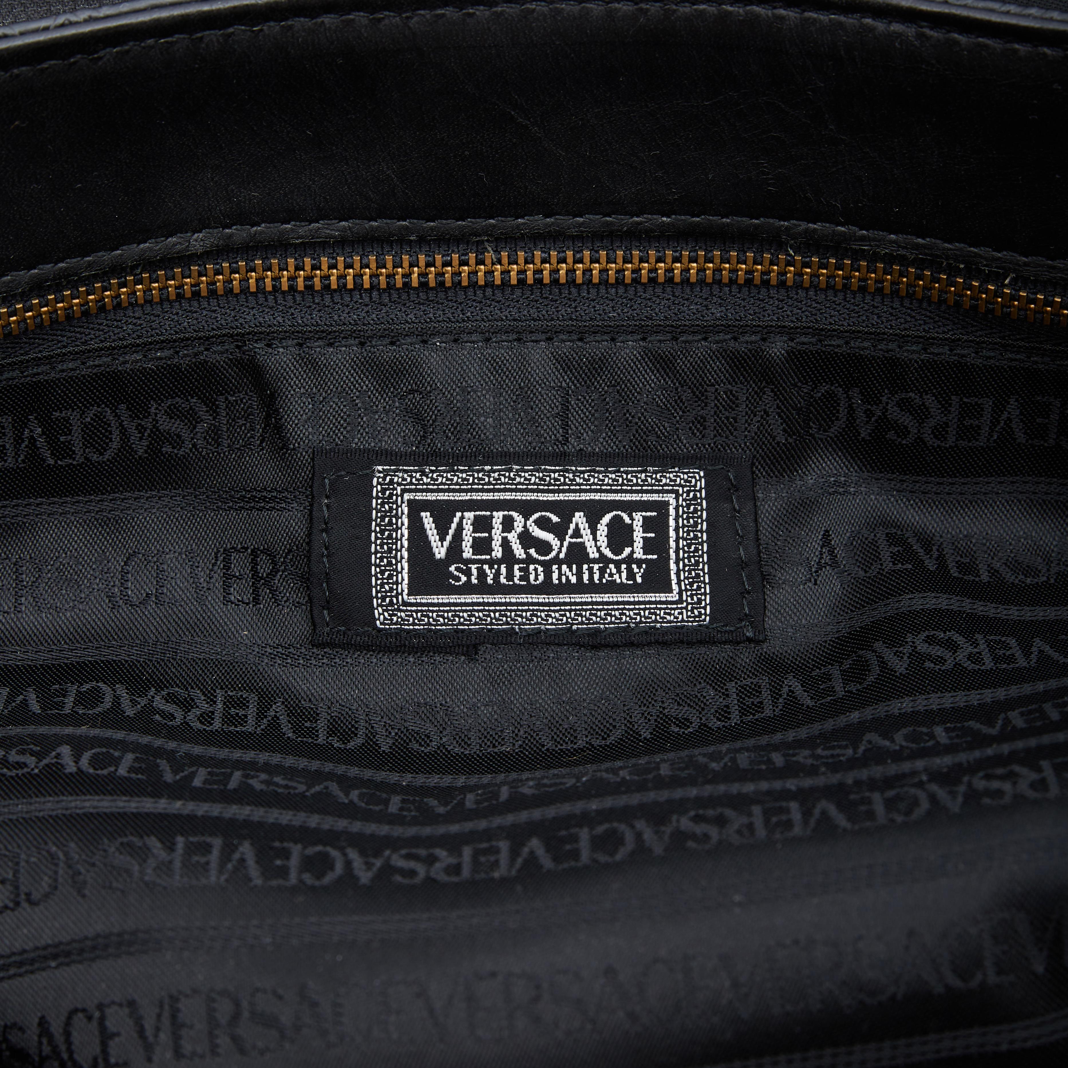 Women's or Men's Versace Vintage Black Leather Motif Embossed Briefcase Weekend Bag For Sale
