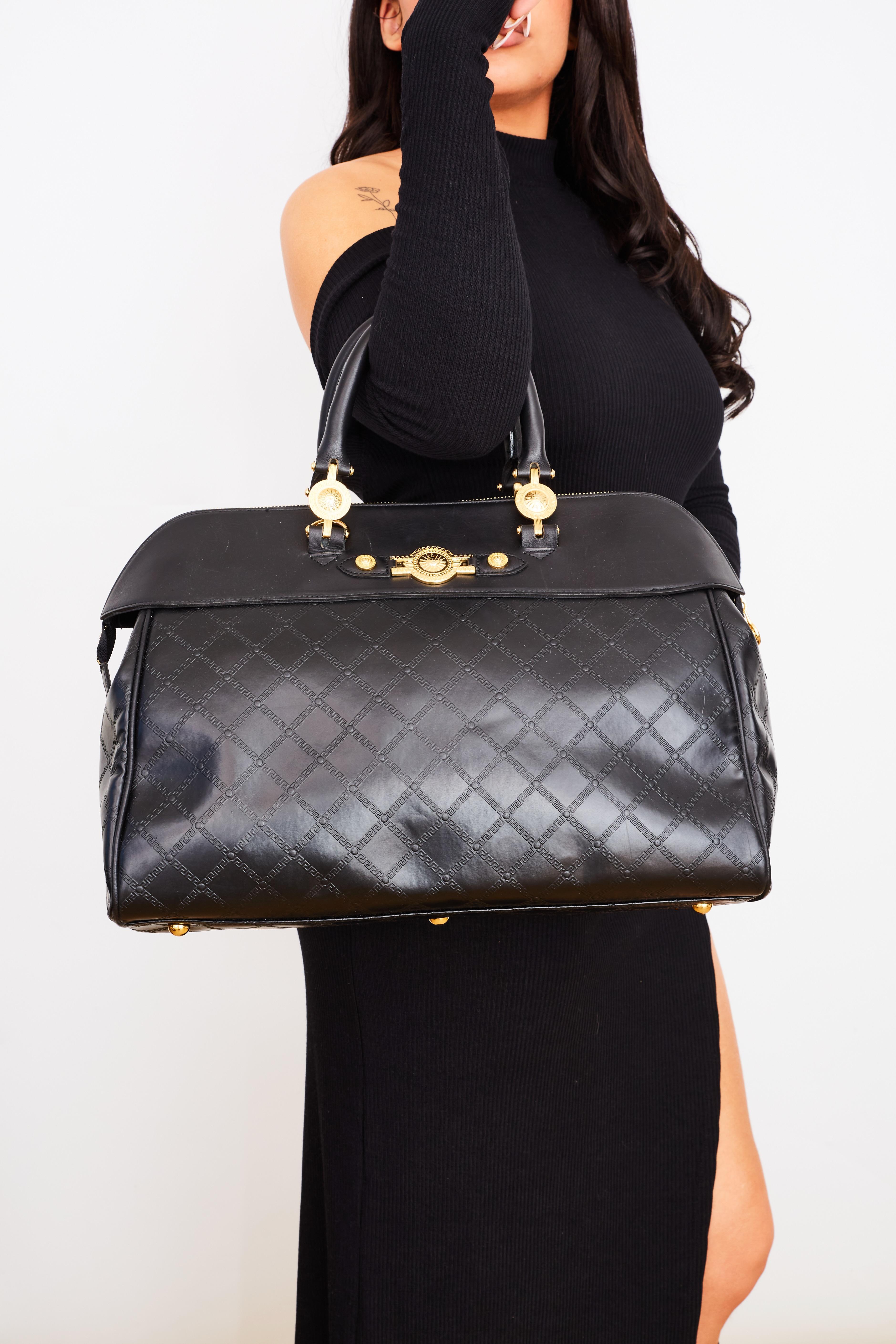 Versace Vintage Black Leather Motif Embossed Briefcase Weekend Bag For Sale 2