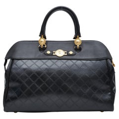 Versace Vintage Black Leather Motif Embossed Briefcase Weekend Bag