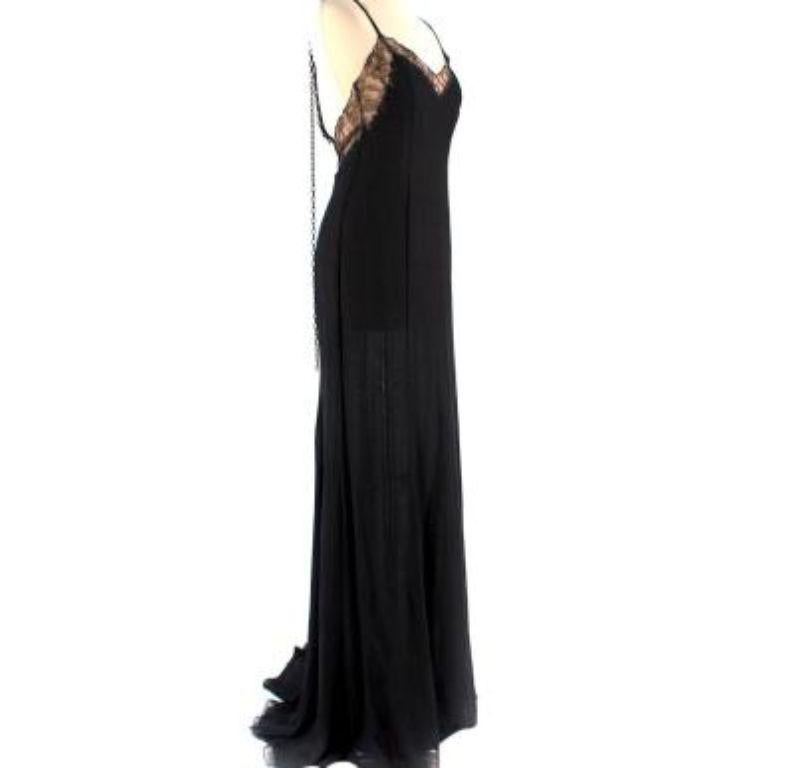 Versace vintage black silk crepe & lace slip dress

- Semi sheer black silk crepe, trimmed with delicate floral lace at the bust
- Shoestring straps
- Concealed back zip 
- Chain trimmed straps
- Floor length
- Unlined

 Excellent vintage condition,