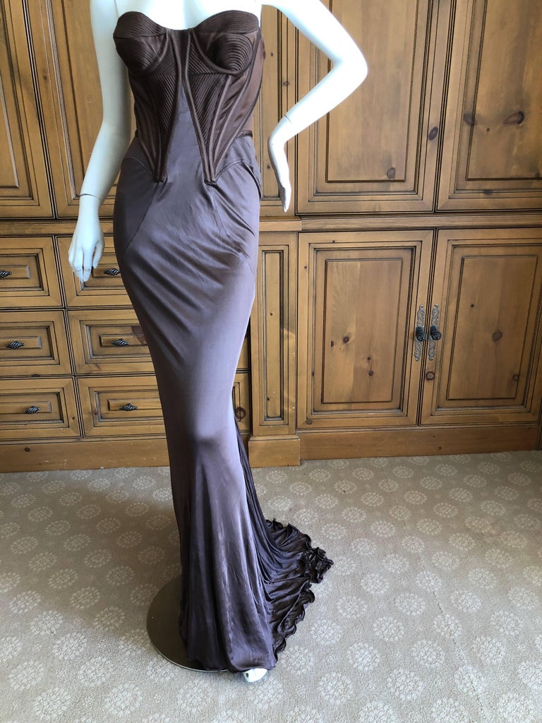 Versace Vintage Chocolate Brown Corset Evening Dress with Train at 1stDibs  | brown corset dress, chocolate brown evening dress, corset dress with side  train