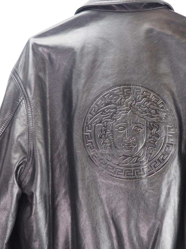 Black Versace Vintage Leather Big Logo Medusa Reversible Mafia Jacket (Small)