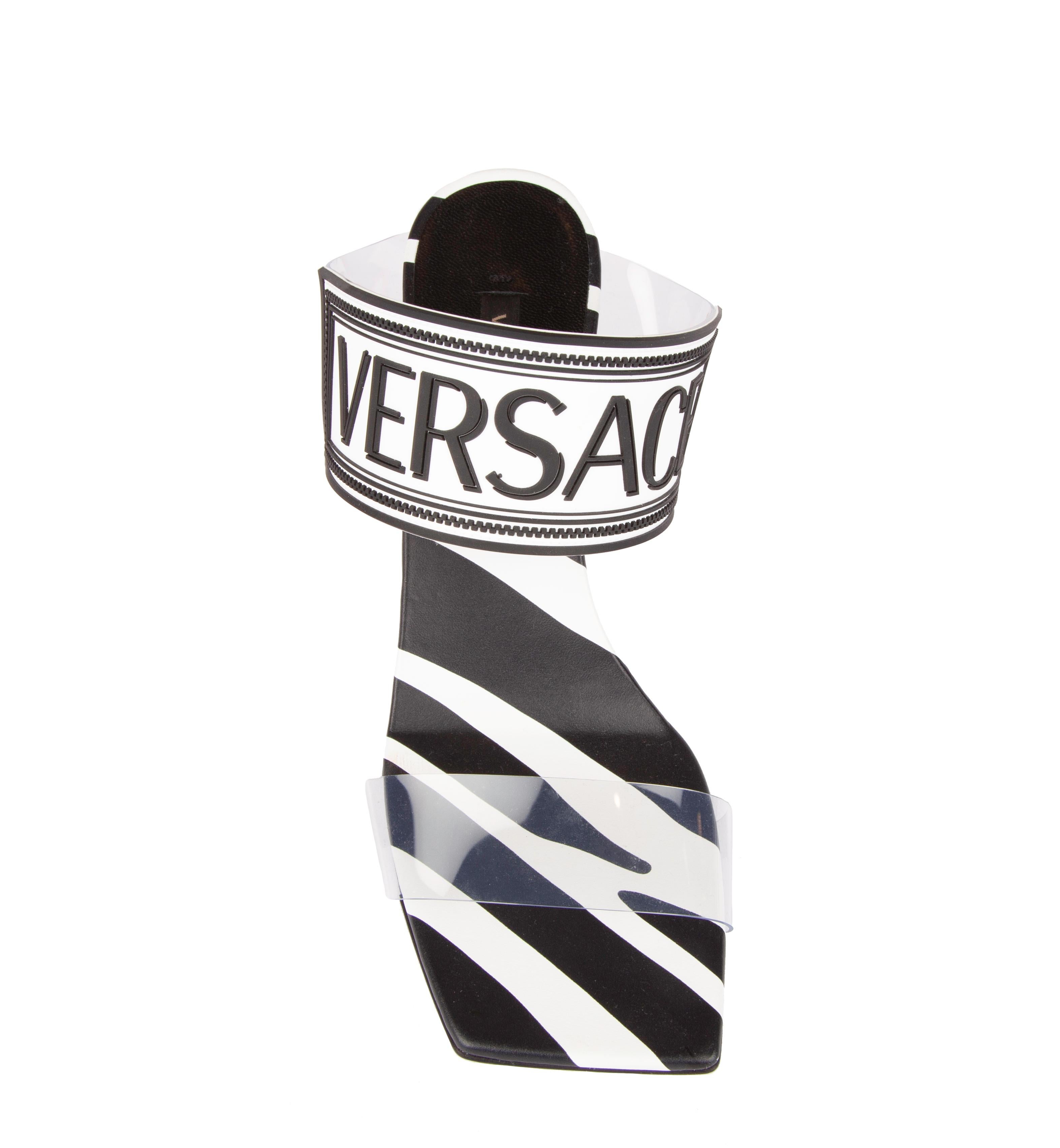 Gray Versace Vintage Logo PVC Sandal w/ Zebra Print Leather & Fuchsia Heel Size 37.5