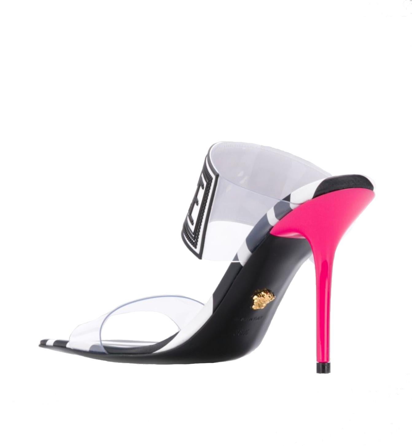 Versace Vintage Logo PVC Sandal w/ Zebra Print Leather & Fuchsia Heel Size 37.5 In New Condition In Paradise Island, BS