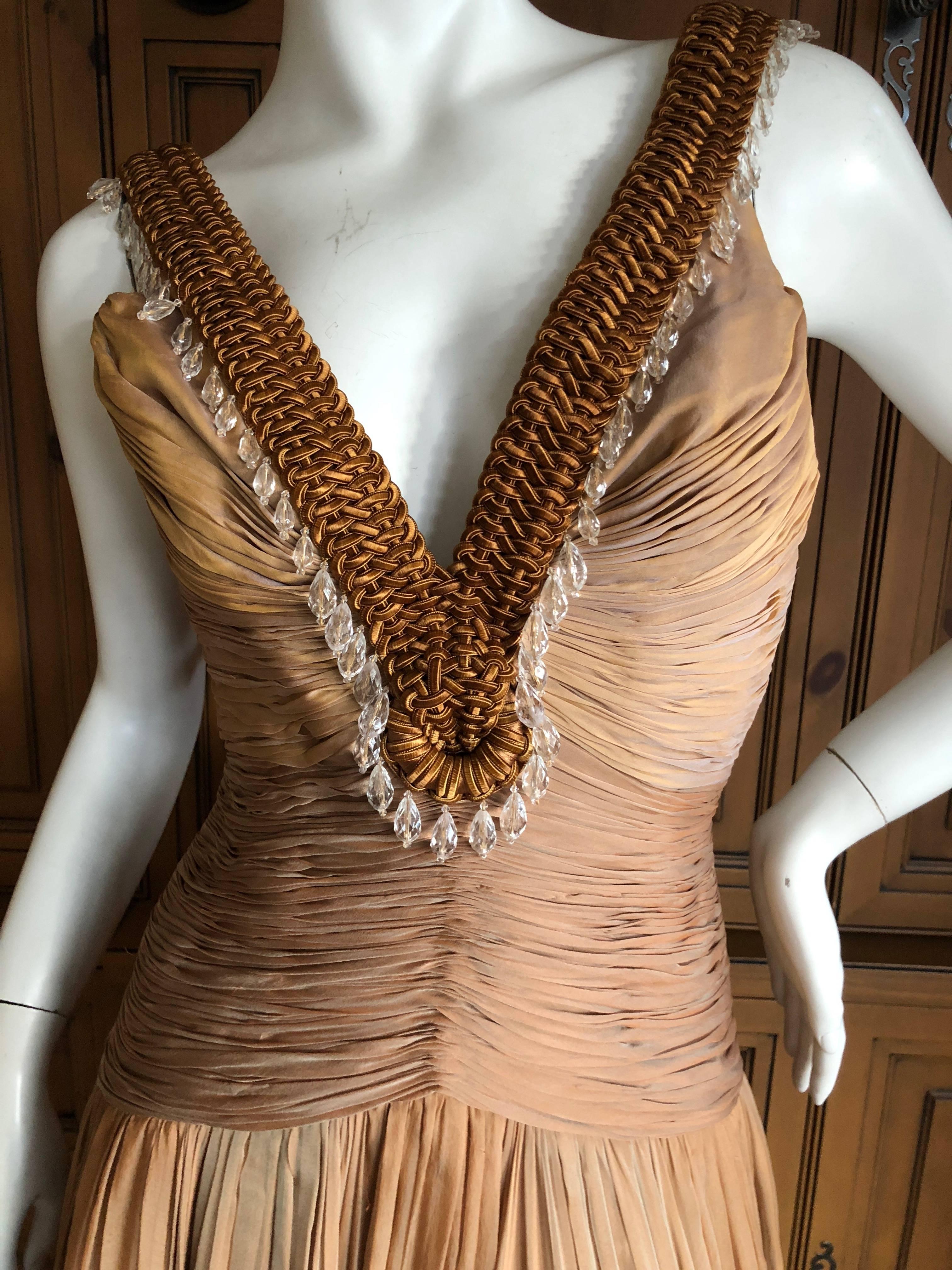 Versace Vintage Low Cut Plisse Pleated Ombre Silk Dress with Macrame Bead Detail
This is so pretty, photos don't quite capture it.
Size 38
 Bust 36