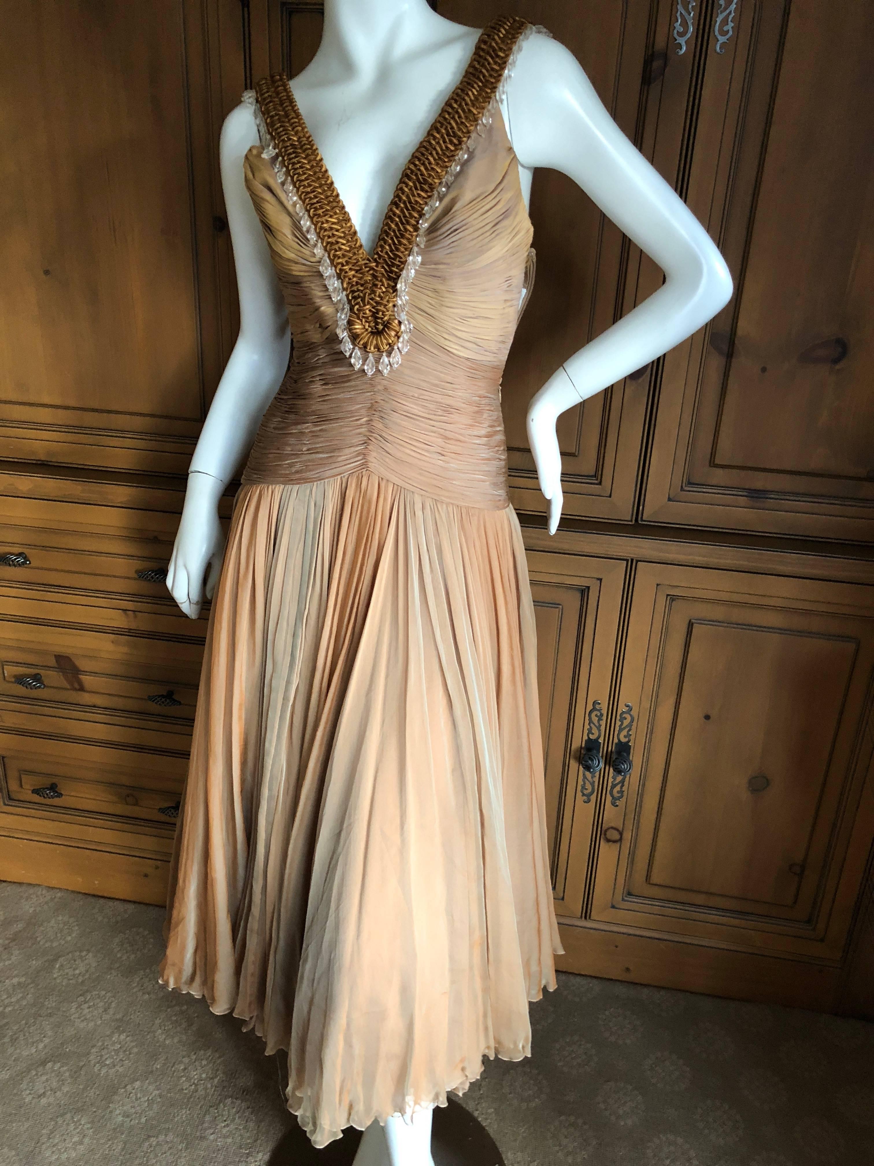 Versace Vintage Low Cut Plisse Pleated Ombre Silk Dress with Macrame Bead Detail In Excellent Condition For Sale In Cloverdale, CA
