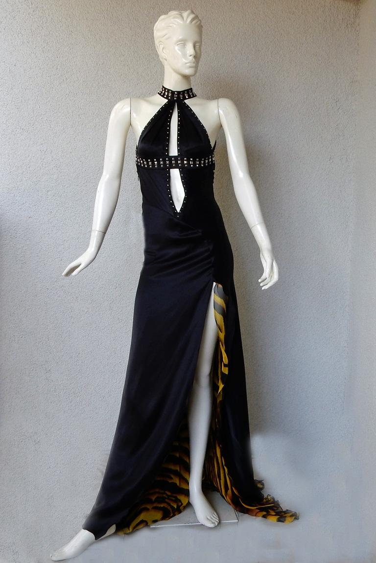 Black Versace Vintage Runway Bondage Gown Plunging Neckline Thigh High Slit   WOW! For Sale