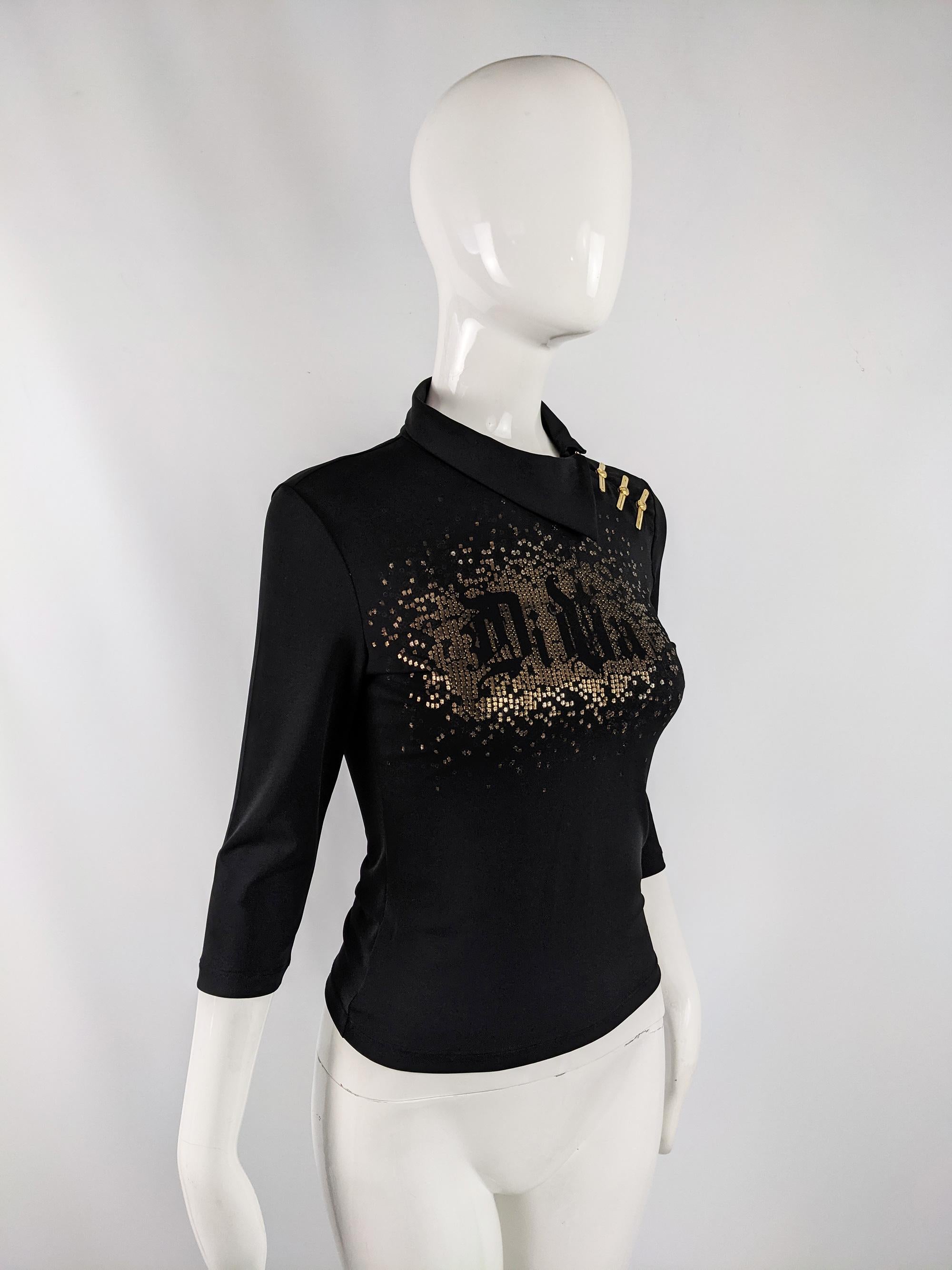 Nero Versace Vintage y2k 'Diva' Print Black & Gold Asian Style Party Top, 2000s