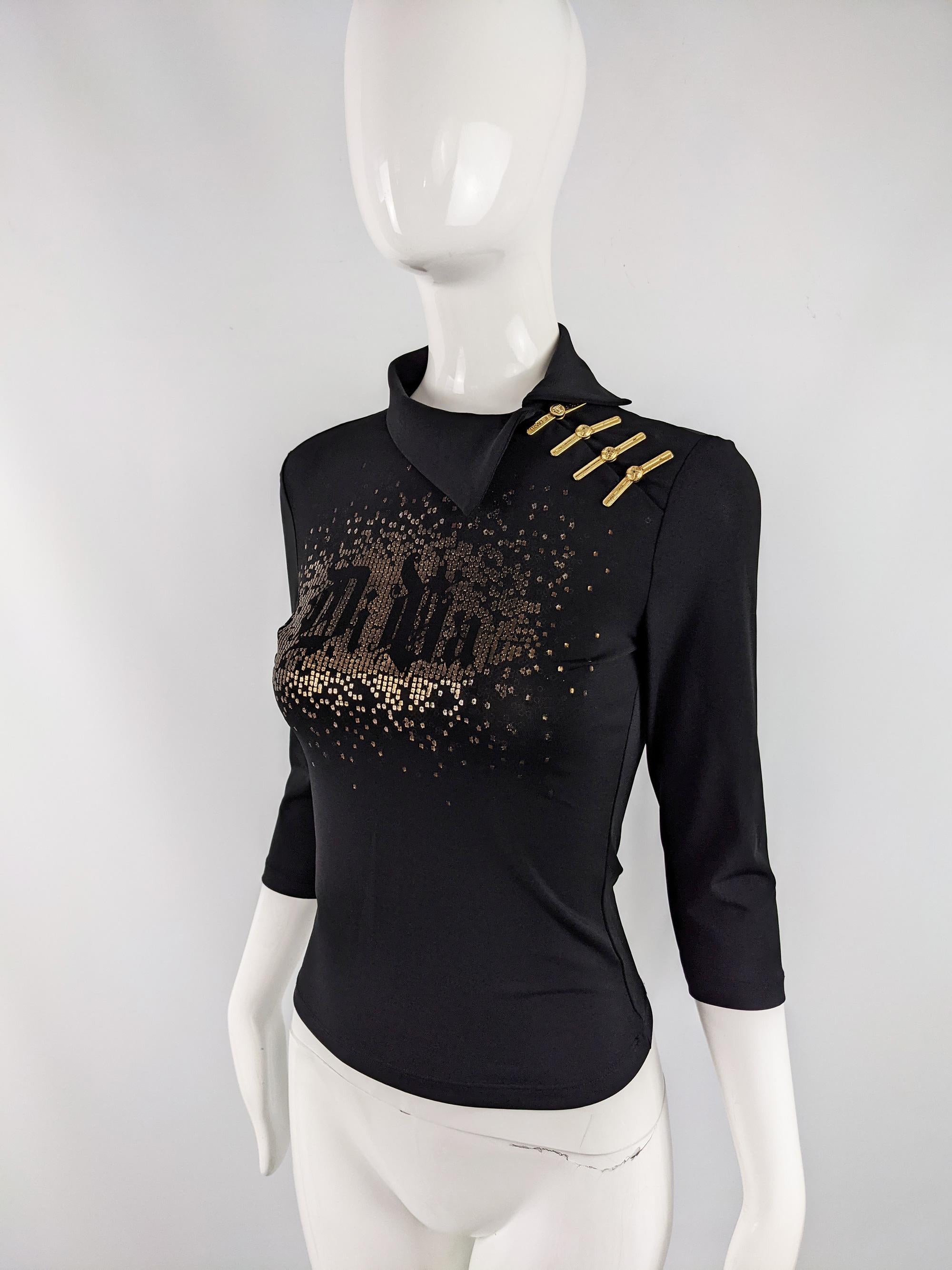 Donna Versace Vintage y2k 'Diva' Print Black & Gold Asian Style Party Top, 2000s