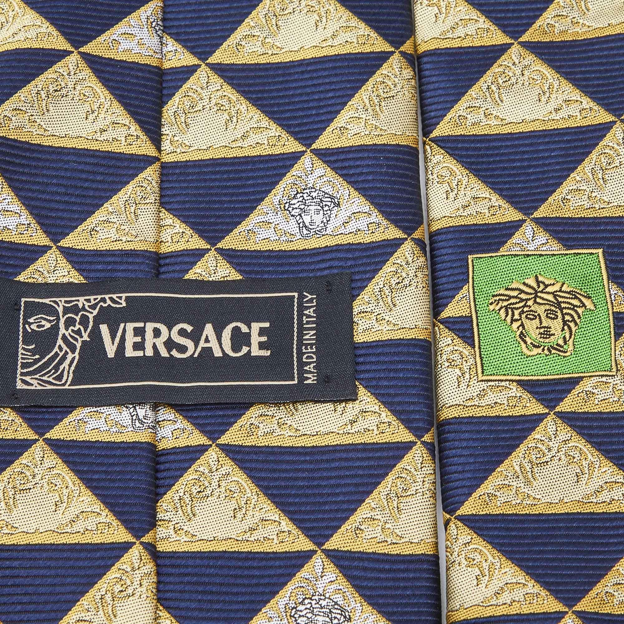 Gray Versace Vintage Yellow/Blue Triangle Medusa Pattern Silk Tie For Sale