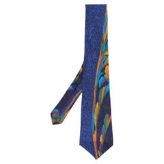 Versace Vintagge blue silk 2000s tie with multicolor print details