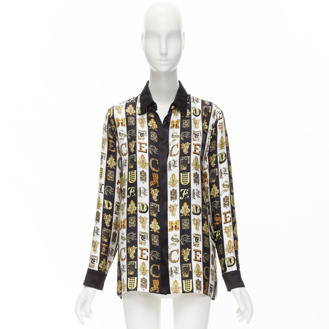 VERSACE Virtus Alphabet black gold Barocco Medusa button silk shirt IT38 XS For Sale 6