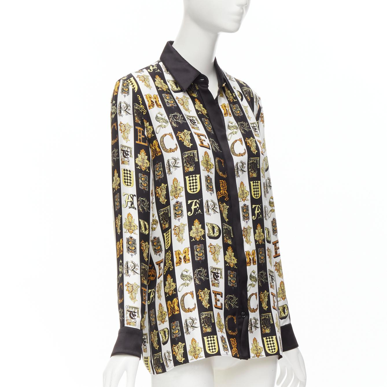 Beige VERSACE Virtus Alphabet black gold Barocco Medusa button silk shirt IT38 XS For Sale