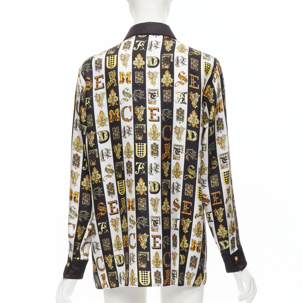 Women's VERSACE Virtus Alphabet black gold Barocco Medusa button silk shirt IT38 XS For Sale