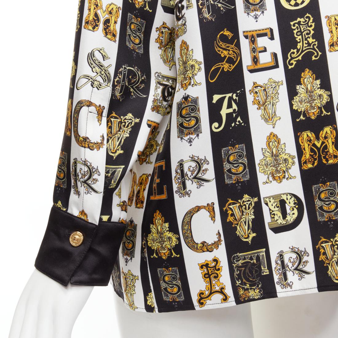 VERSACE Virtus Alphabet black gold Barocco Medusa button silk shirt IT38 XS For Sale 2