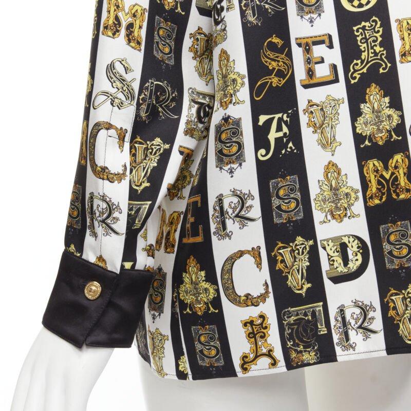 Black VERSACE Virtus Alphabet black gold Barocco Medusa button silk shirt IT42 M For Sale