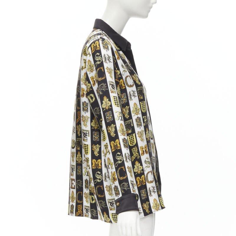 VERSACE Virtus Alphabet black gold Barocco Medusa button silk shirt IT42 M In New Condition For Sale In Hong Kong, NT