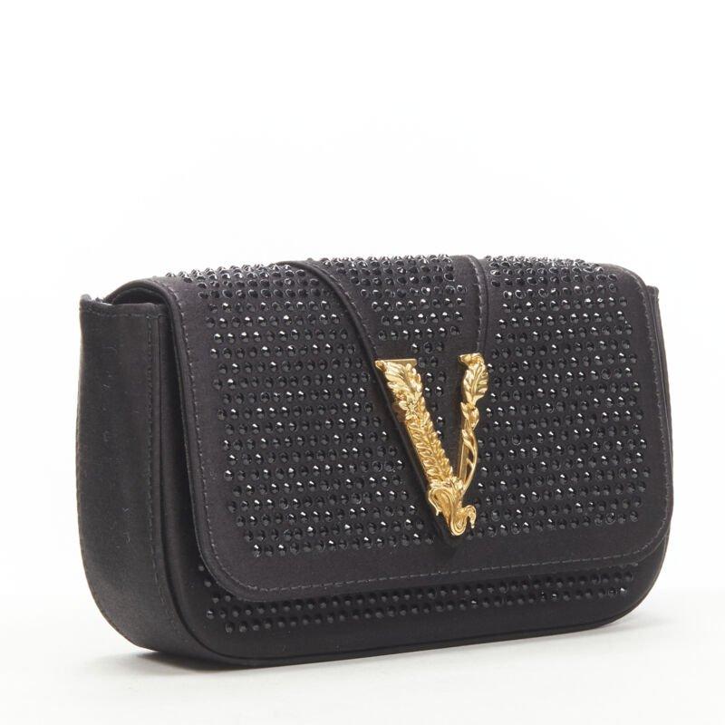Black VERSACE Virtus Barocco black crystal embellished flap crossbody clutch bag For Sale