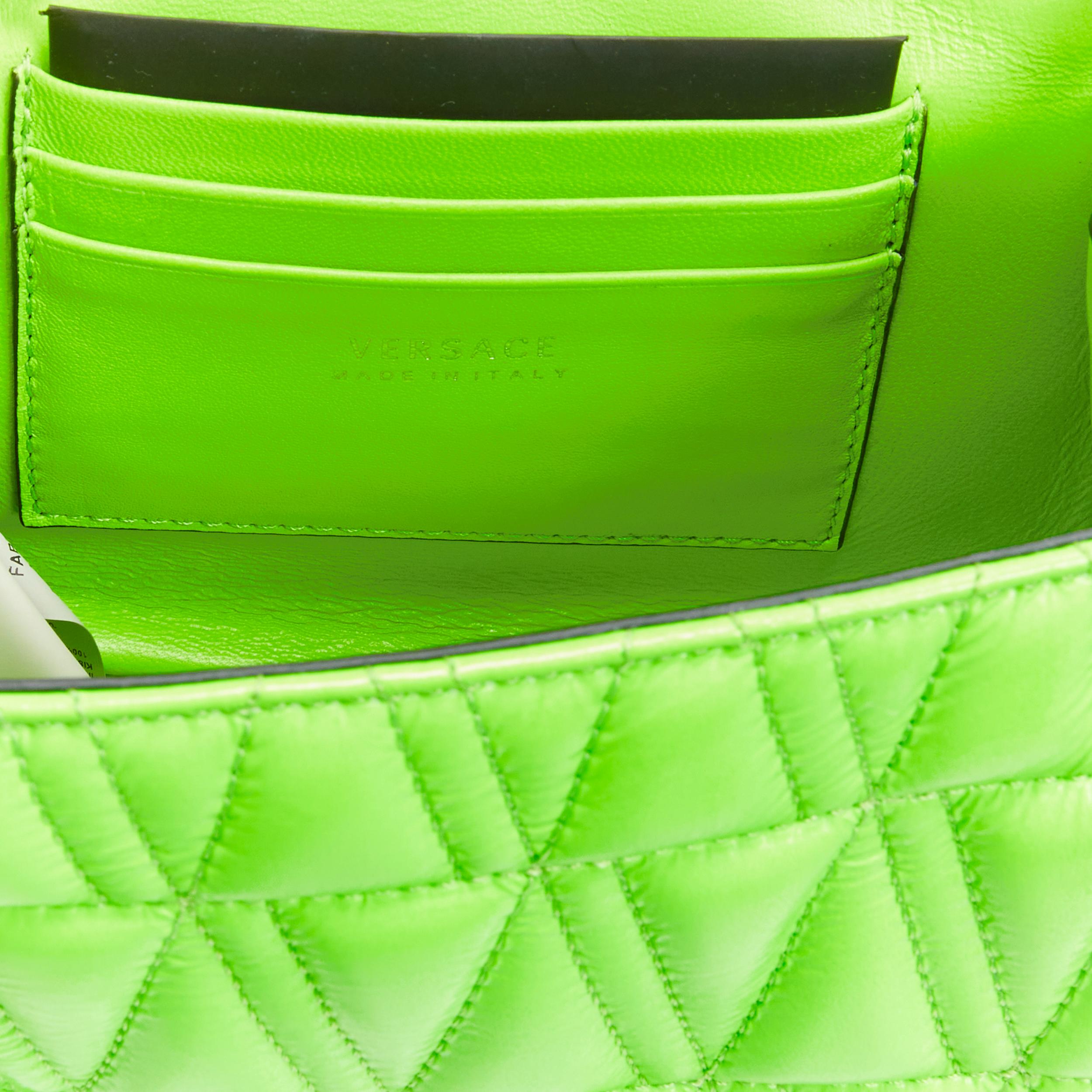 VERSACE Virtus bright green V quilted patent leather crossbody flap bag For Sale 5
