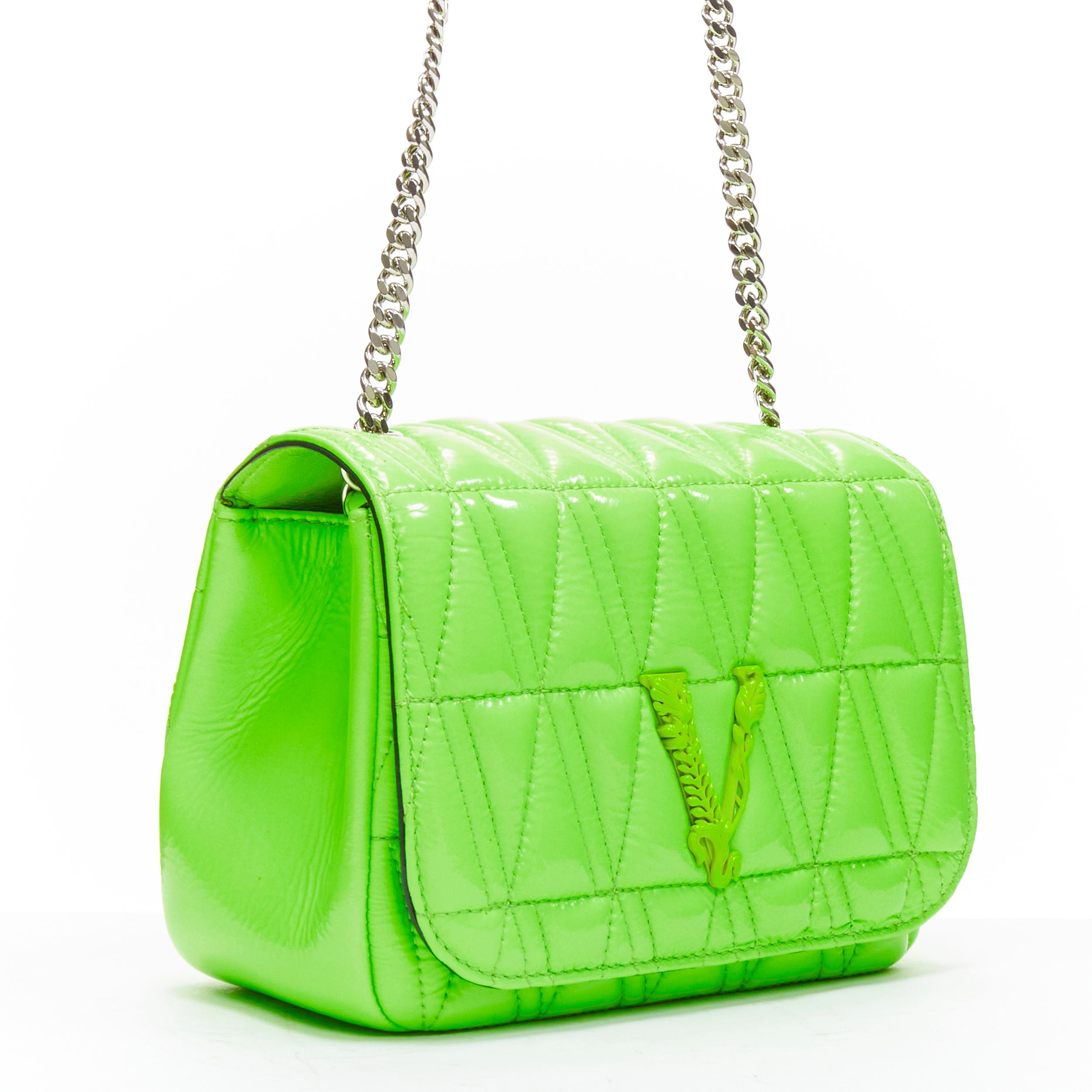 Green VERSACE Virtus bright green V quilted patent leather crossbody flap bag For Sale