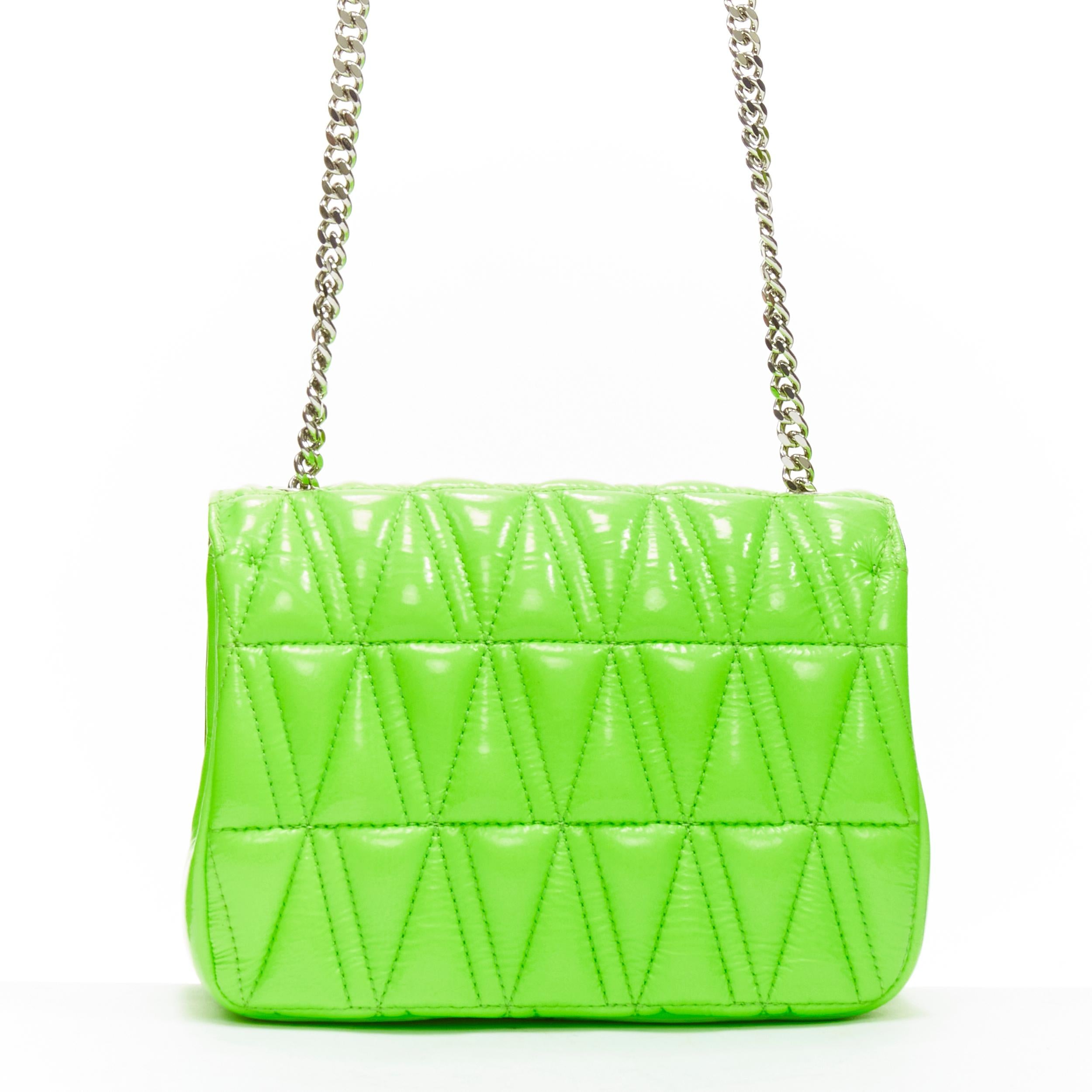 Women's VERSACE Virtus bright green V quilted patent leather crossbody flap bag For Sale